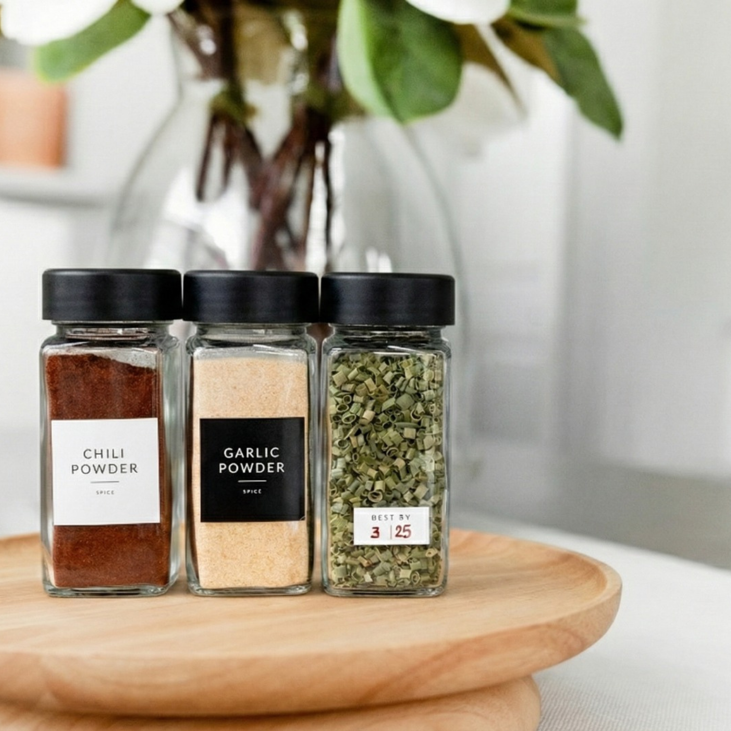 Glass Spice Jars with Black Plastic Lids - 24 PACK