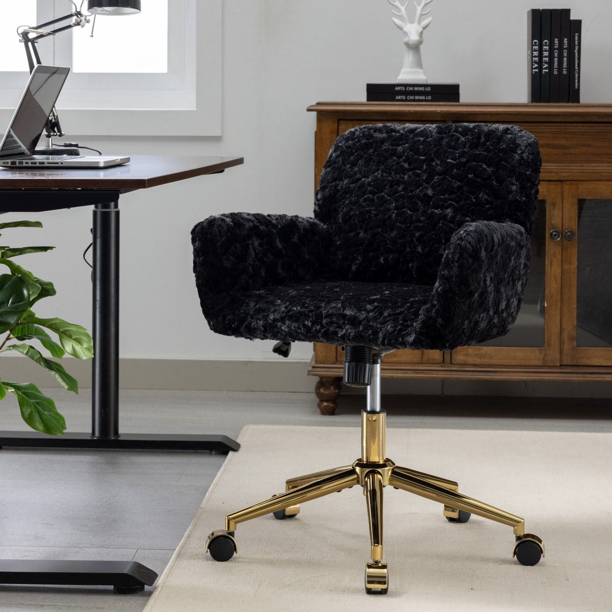 Office Chair, Artificial Rabbit Hair Home Office Chair With Metal Base, Adjustable Desk Chair Swivel Office Chair, Vanity Chair