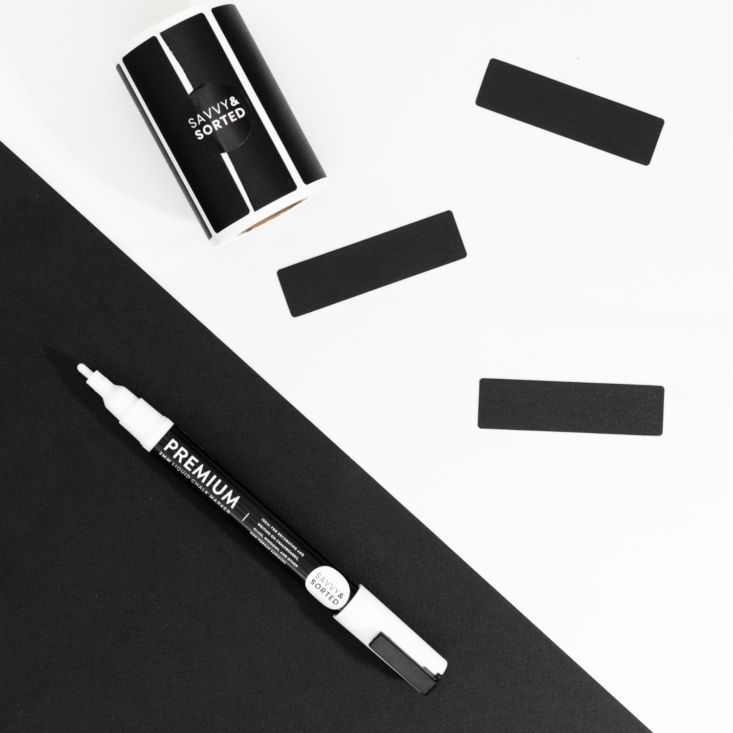 200 Narrow Chalkboard Labels Roll with Chalk Marker - Savvy & Sorted