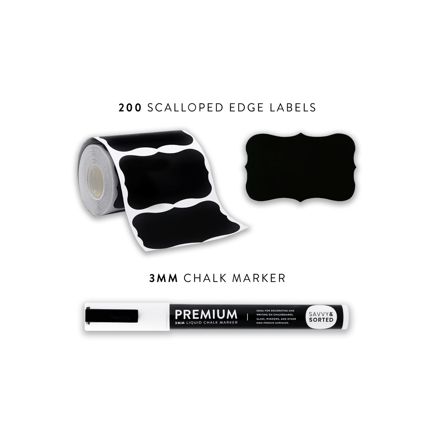 200 Scalloped Chalkboard Labels Roll with Chalk Marker - Savvy & Sorted