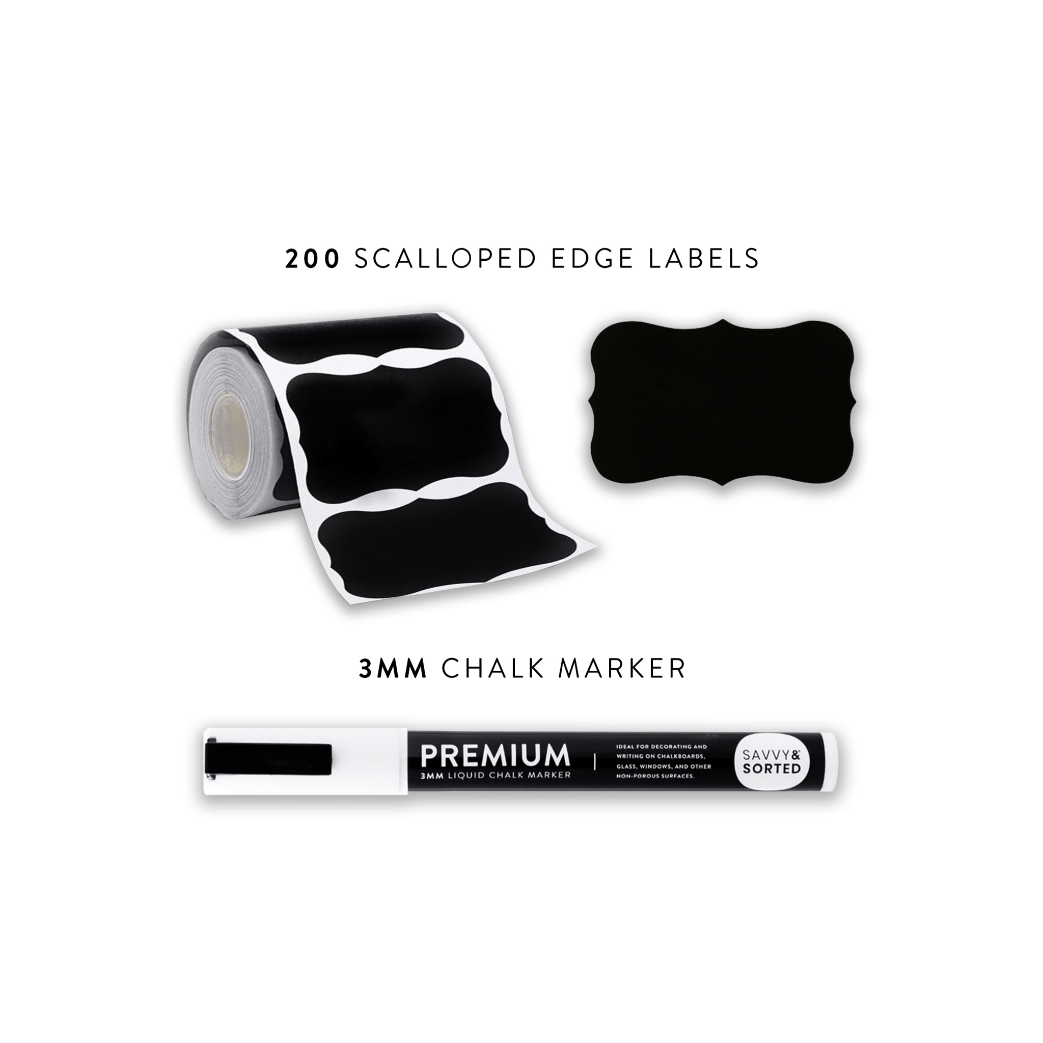 200 Scalloped Chalkboard Labels Roll with Chalk Marker - Savvy & Sorted