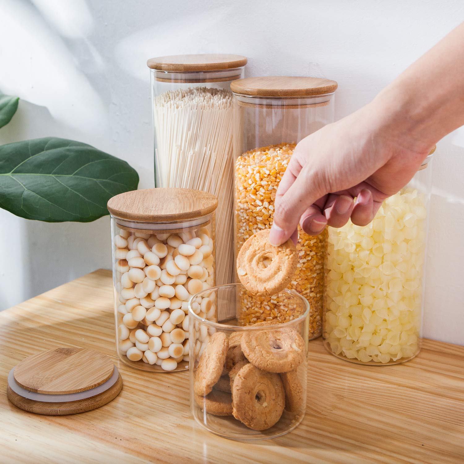 Glass Food Storage Containers, Food Jars with Bamboo Wooden Lids - Set of 5