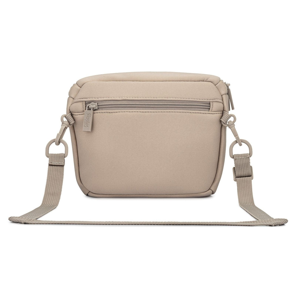 Beige crossbody bag with a strap on a white background