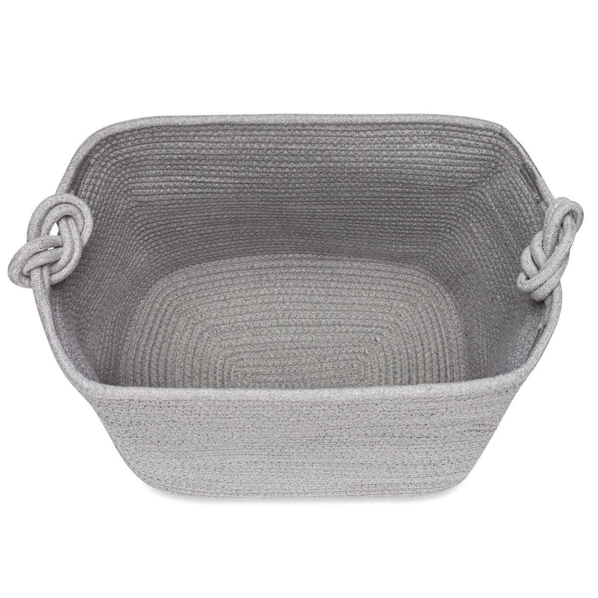 Gray woven basket with handles on a white background