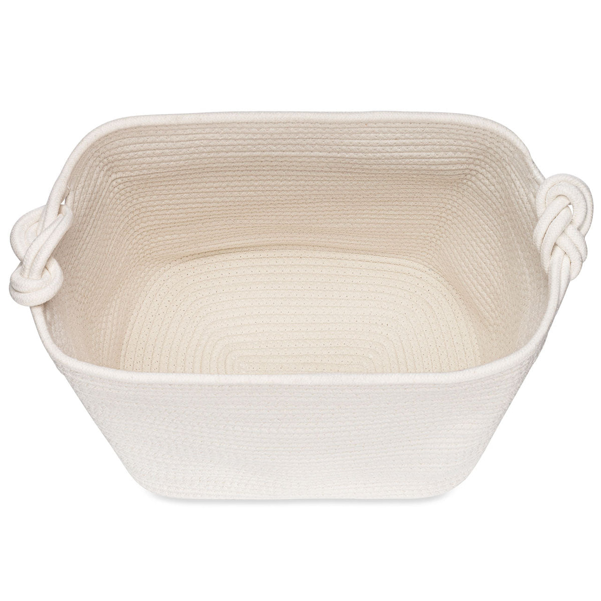 Beige woven basket with handles on a white background