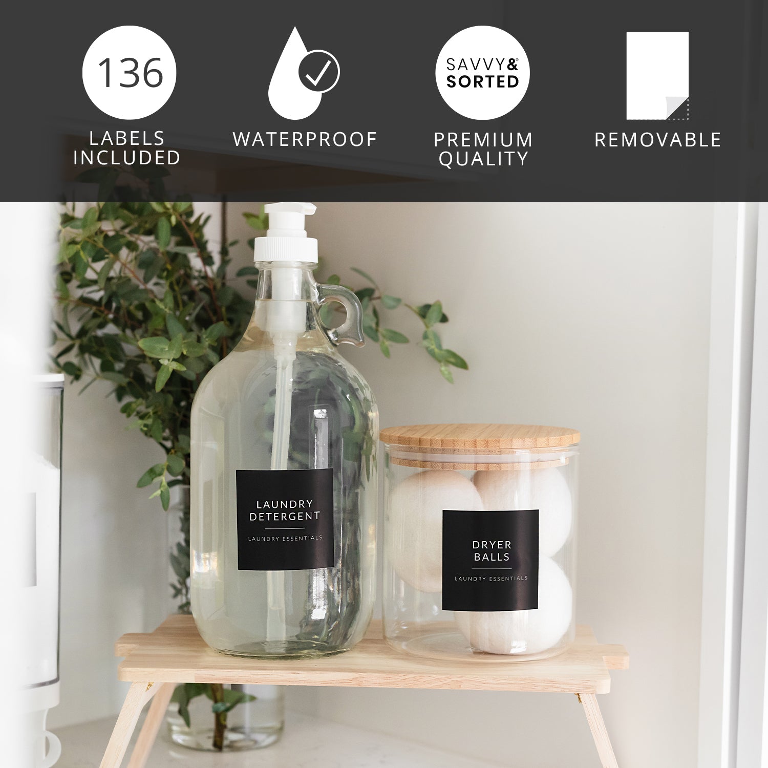 Black Minimalist Home Laundry Labels - Savvy & Sorted
