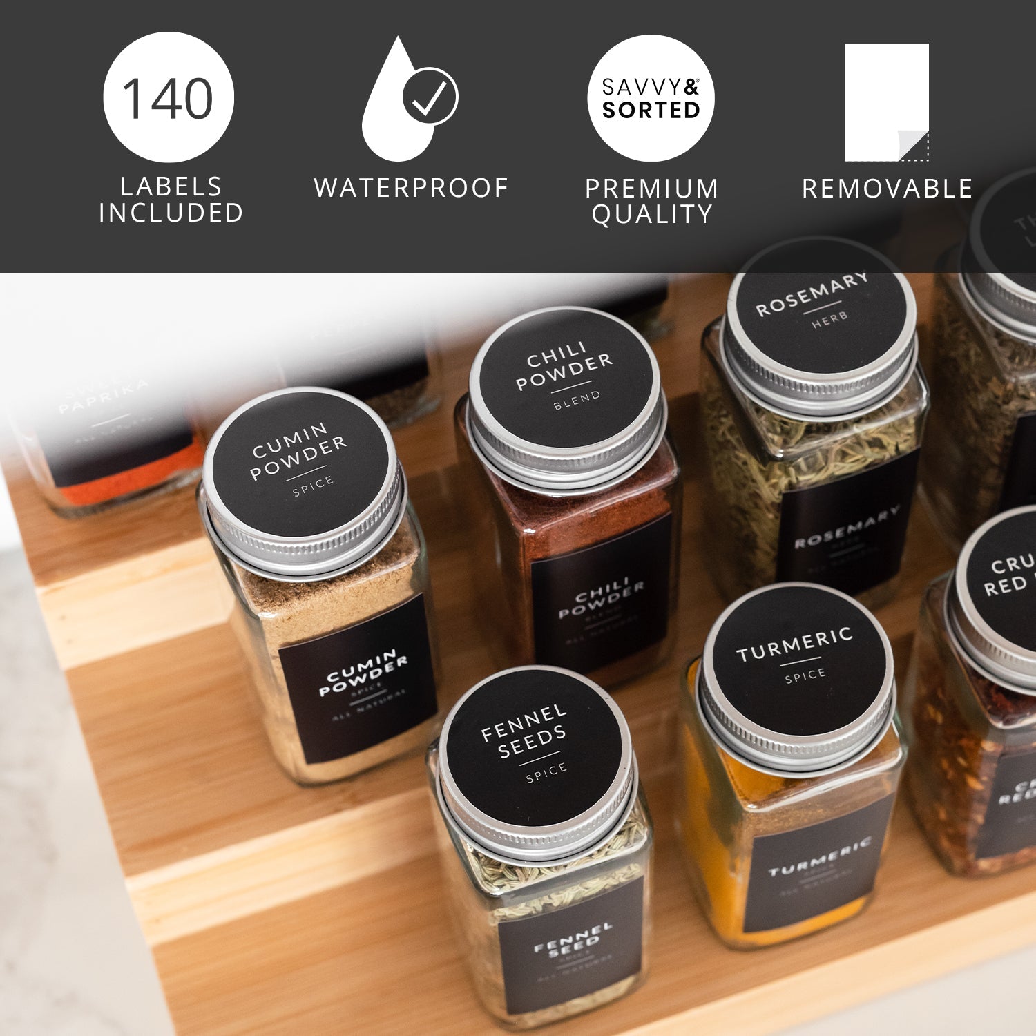Black Minimalist Round Spice Labels - Savvy & Sorted