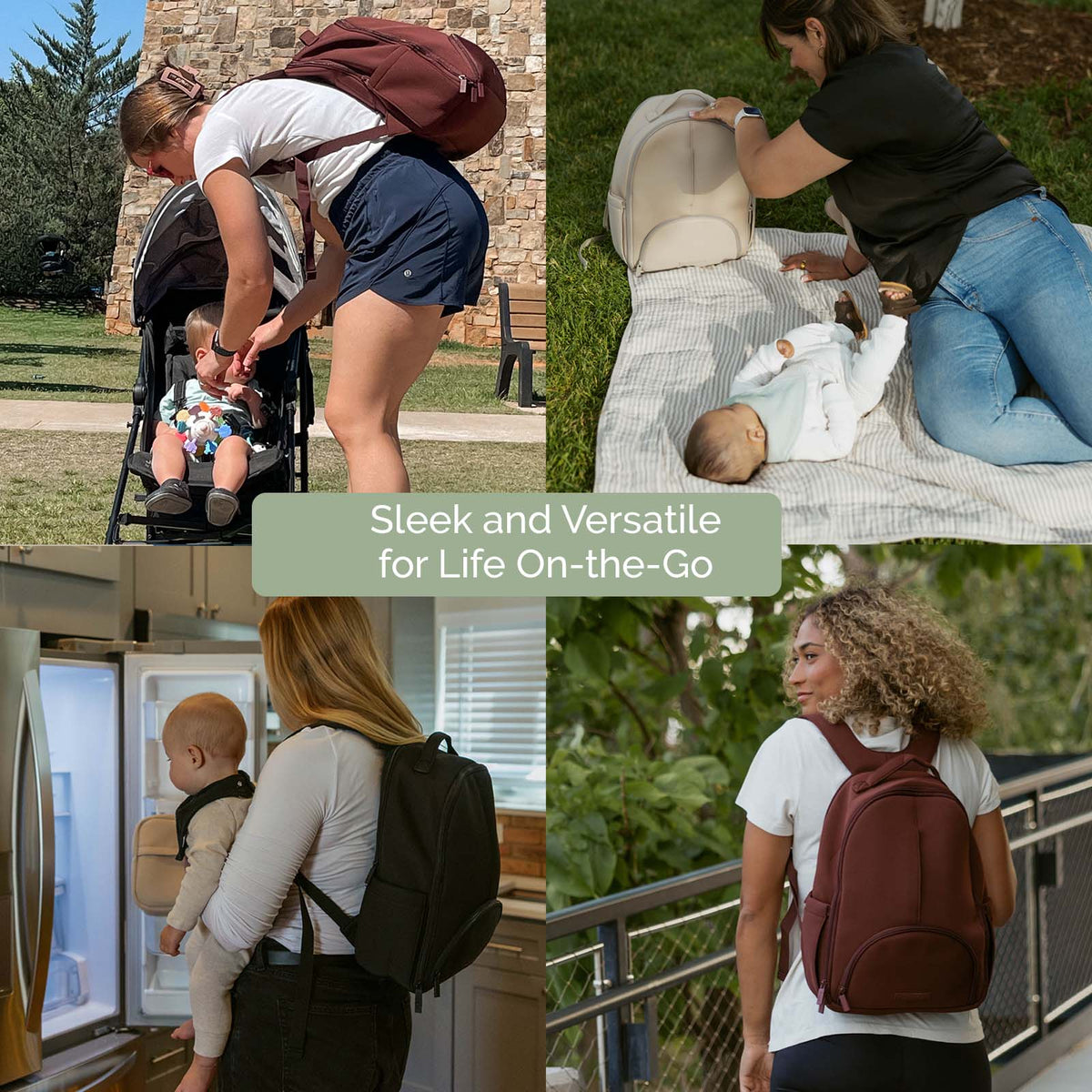 A four-panel lifestyle collage showing a baby carrier backpack in use outdoors and in a kitchen. A woman in a stroller, a woman on a blanket with a baby, a woman opening a refrigerator with a baby in the carrier, and a woman walking on a balcony wearing a burgundy version of the backpack.
