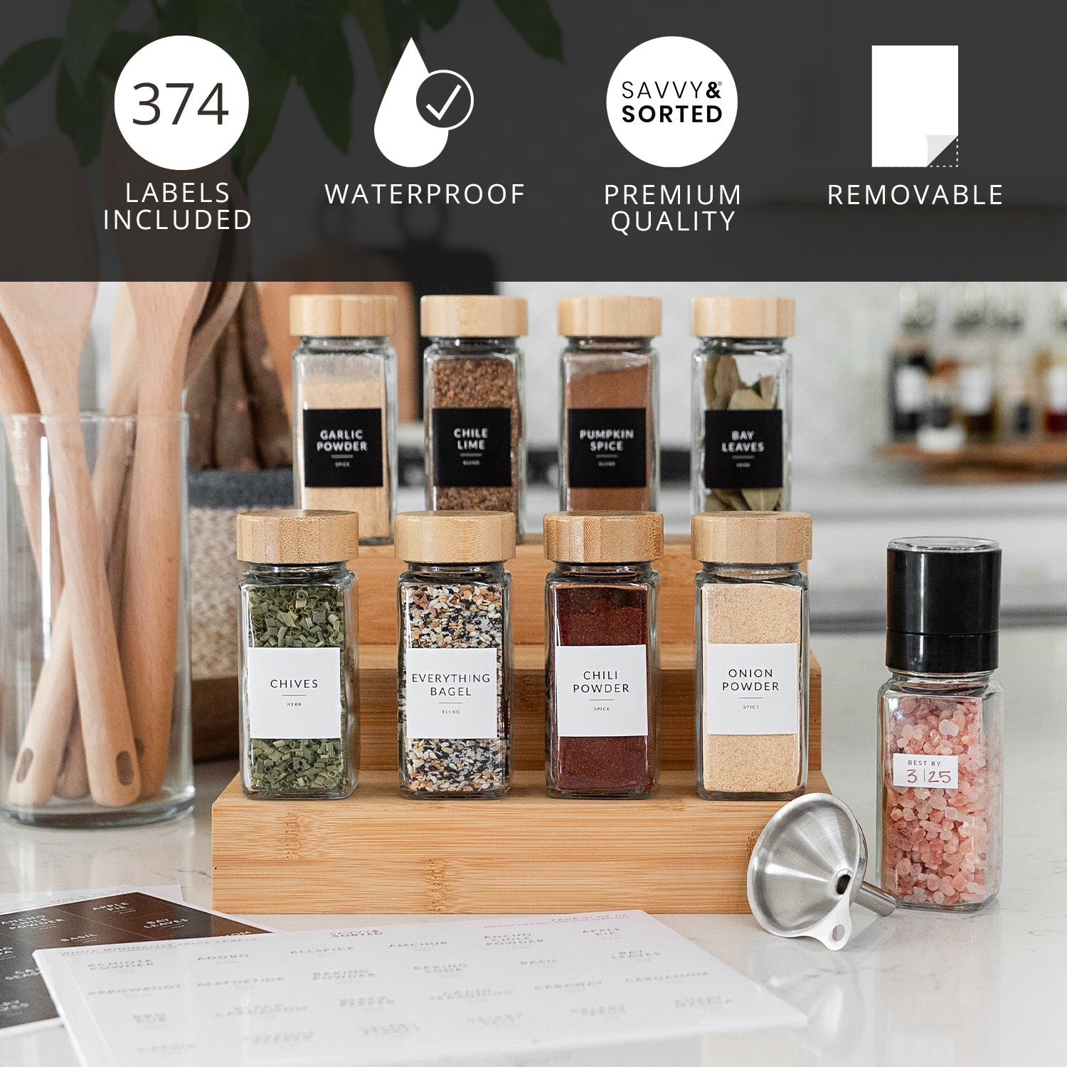Glass Spice Jars with Bamboo Lids - 24 PACK - Savvy & Sorted
