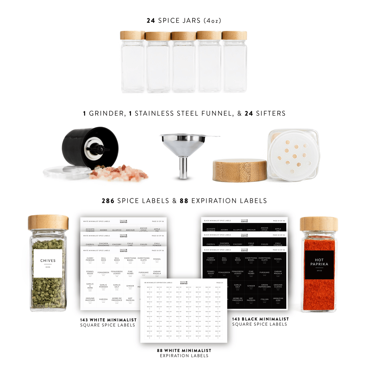 Glass Spice Jars with Bamboo Lids - 24 PACK - Savvy & Sorted