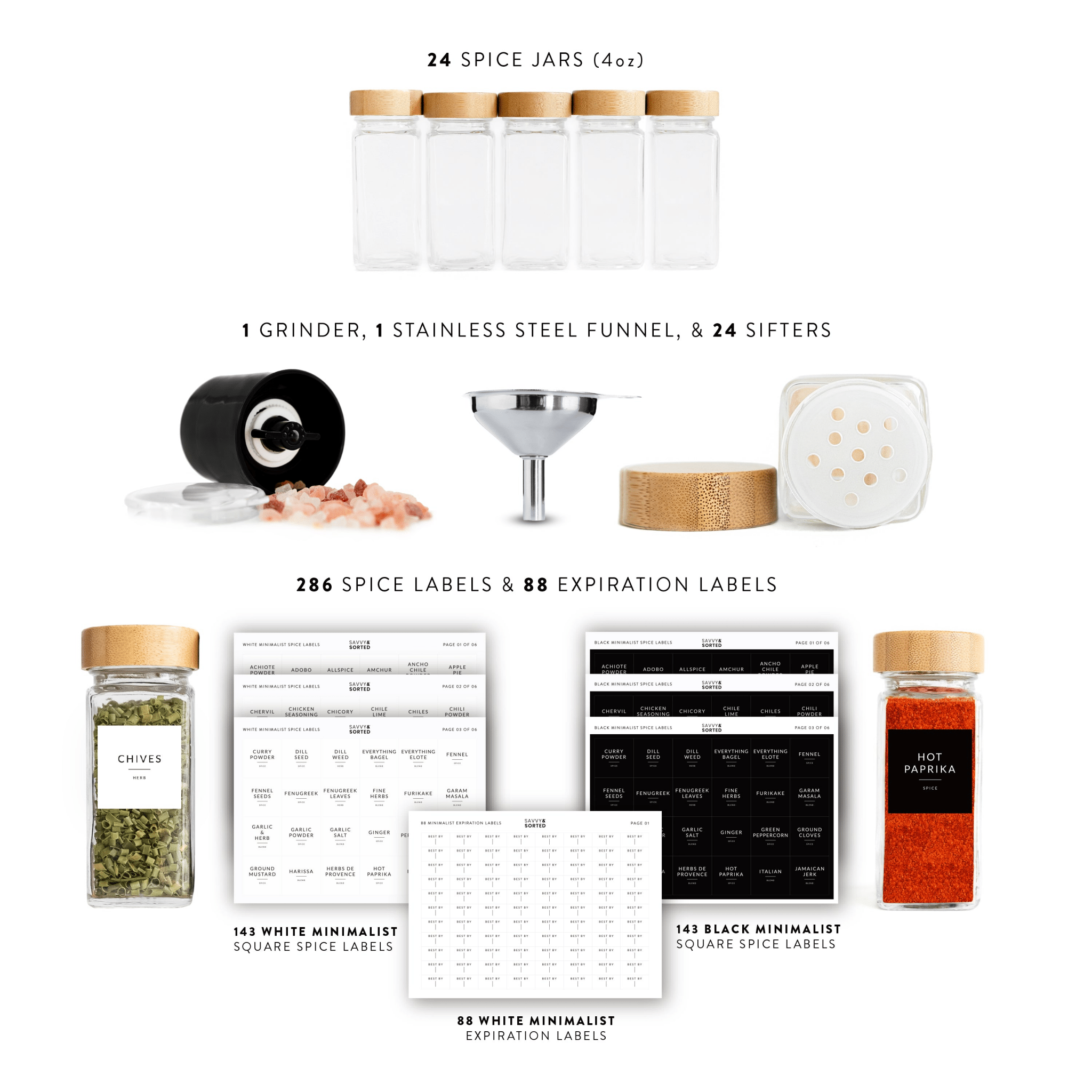 Glass Spice Jars with Bamboo Lids - 24 PACK - Savvy & Sorted