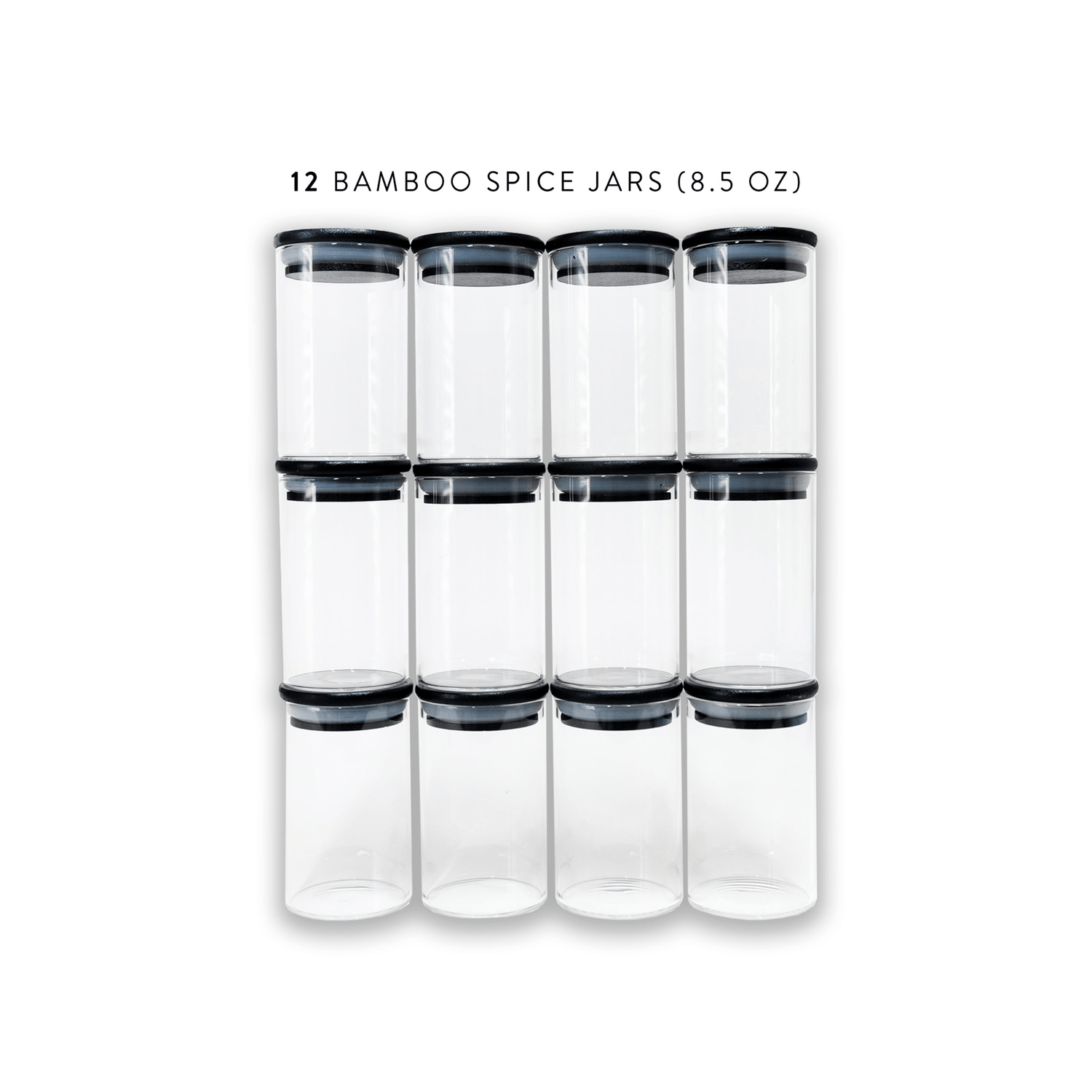 Glass Spice Jars with Black Bamboo Lids - 12 PACK - Savvy & Sorted