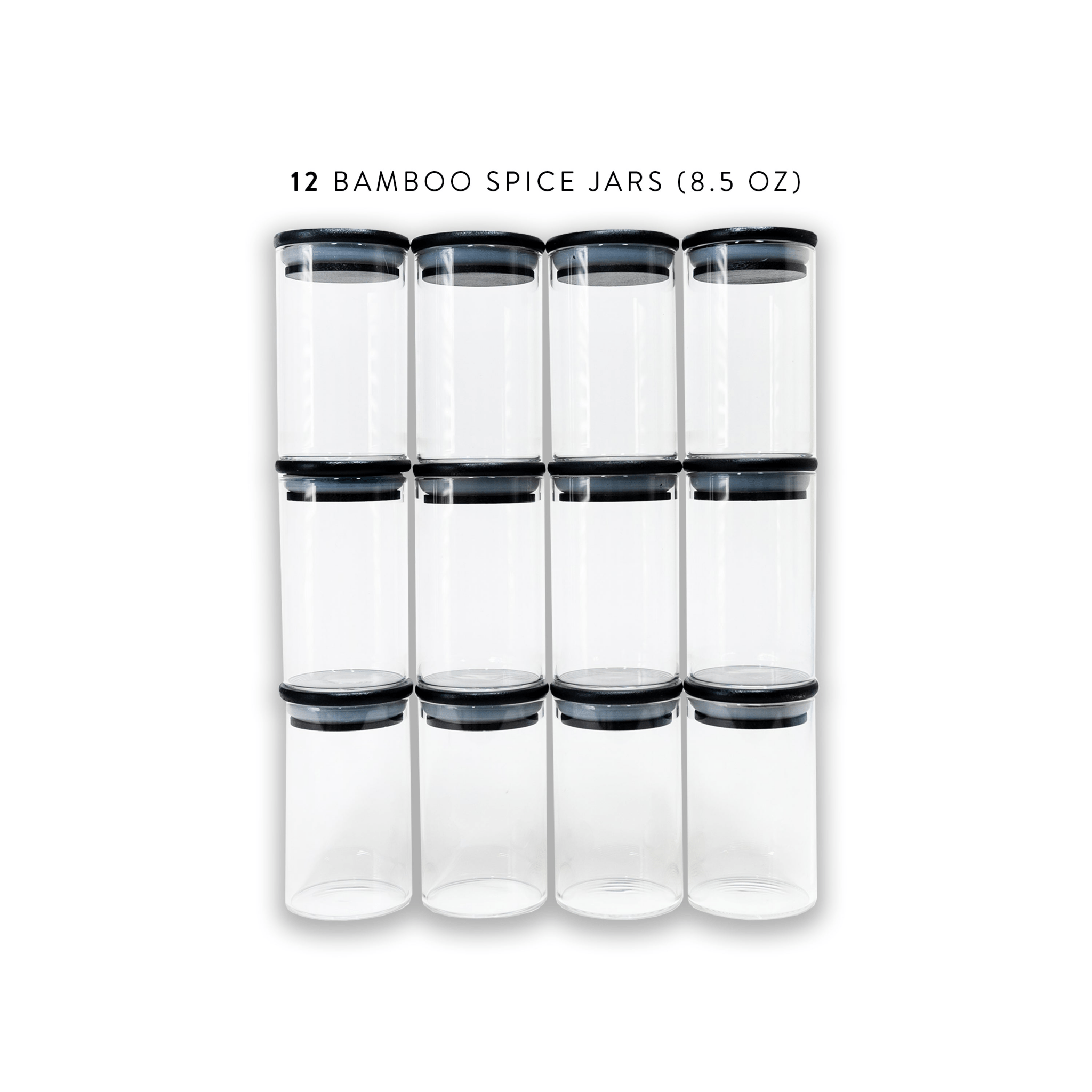 Glass Spice Jars with Black Bamboo Lids - 12 PACK - Savvy & Sorted
