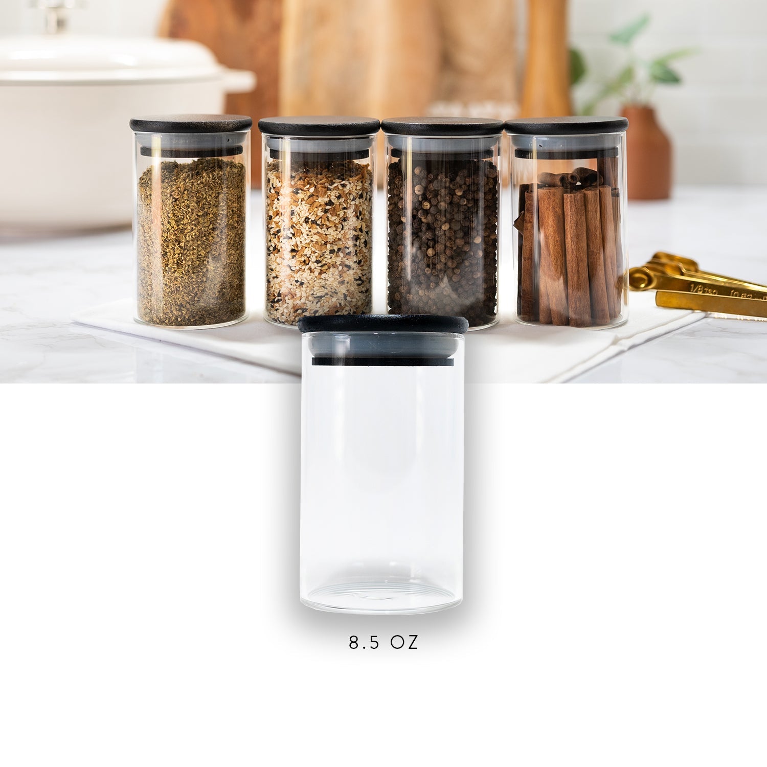 Glass Spice Jars with Black Bamboo Lids - 12 PACK - Savvy & Sorted