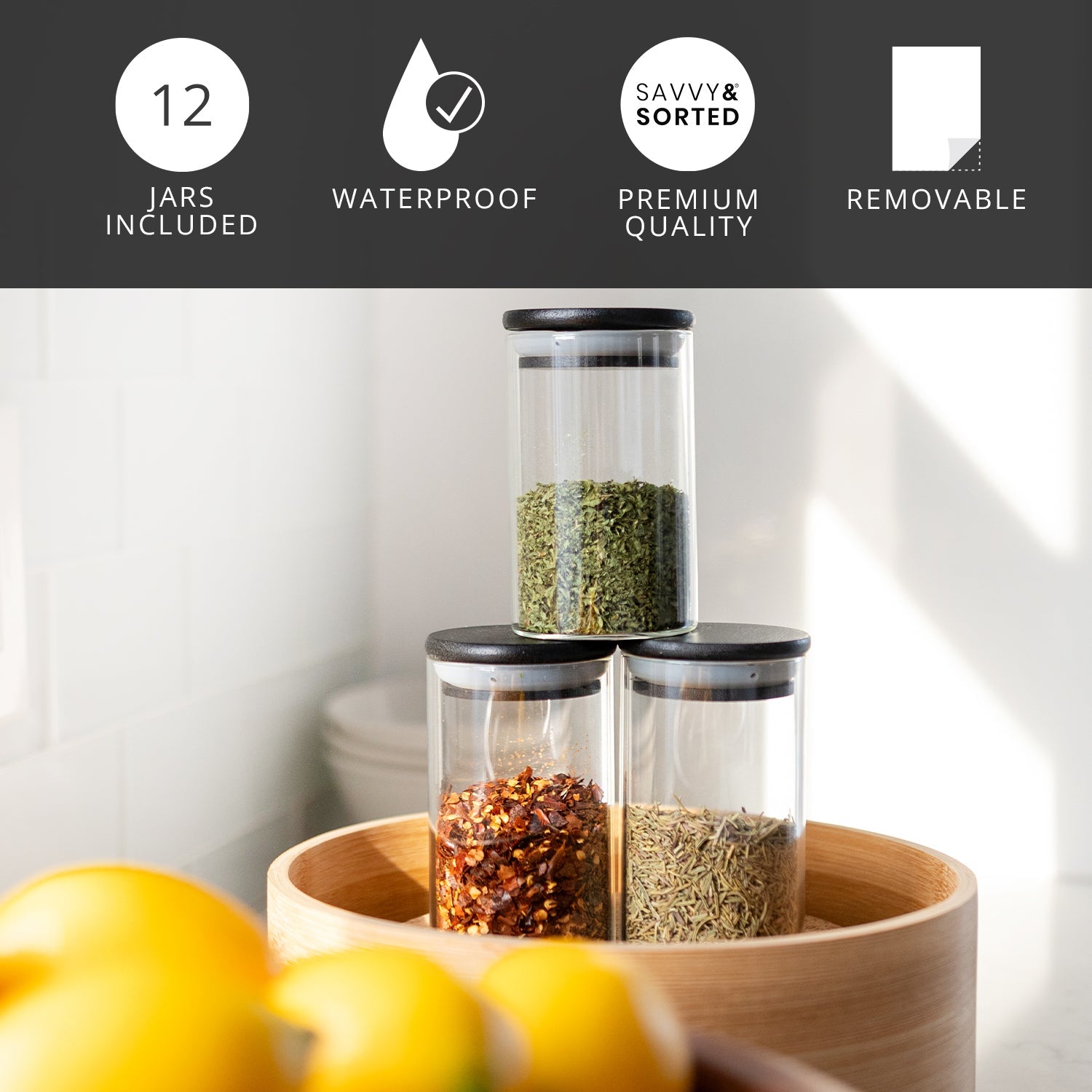 Glass Spice Jars with Black Bamboo Lids - 12 PACK - Savvy & Sorted