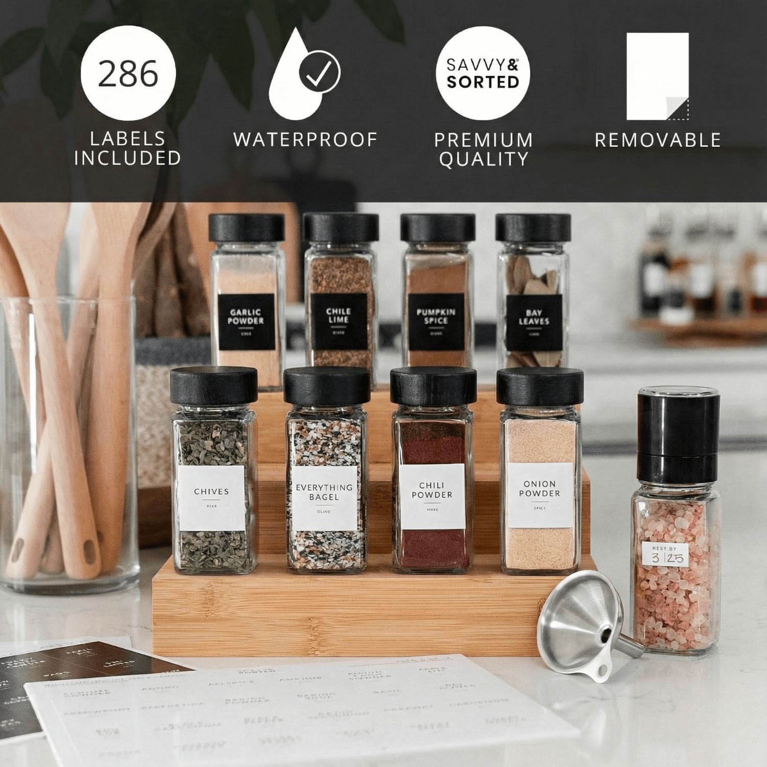 Glass Spice Jars with Black Plastic Lids - 24 PACK - Savvy & Sorted