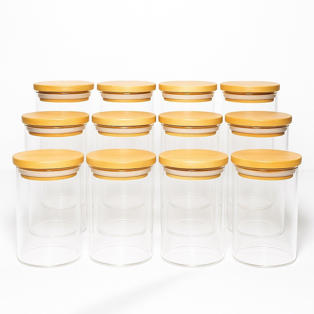 Glass Spice Jars with Natural Bamboo Lids - 12 PACK - Savvy & Sorted