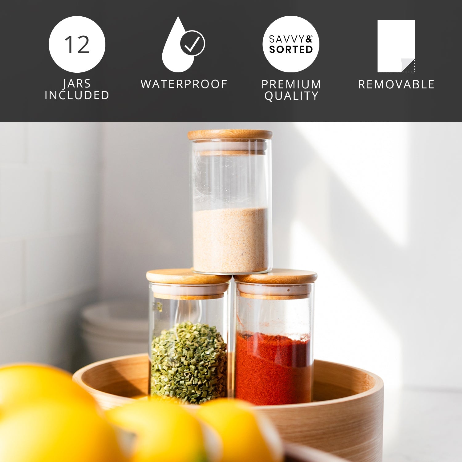 Glass Spice Jars with Natural Bamboo Lids - 12 PACK - Savvy & Sorted