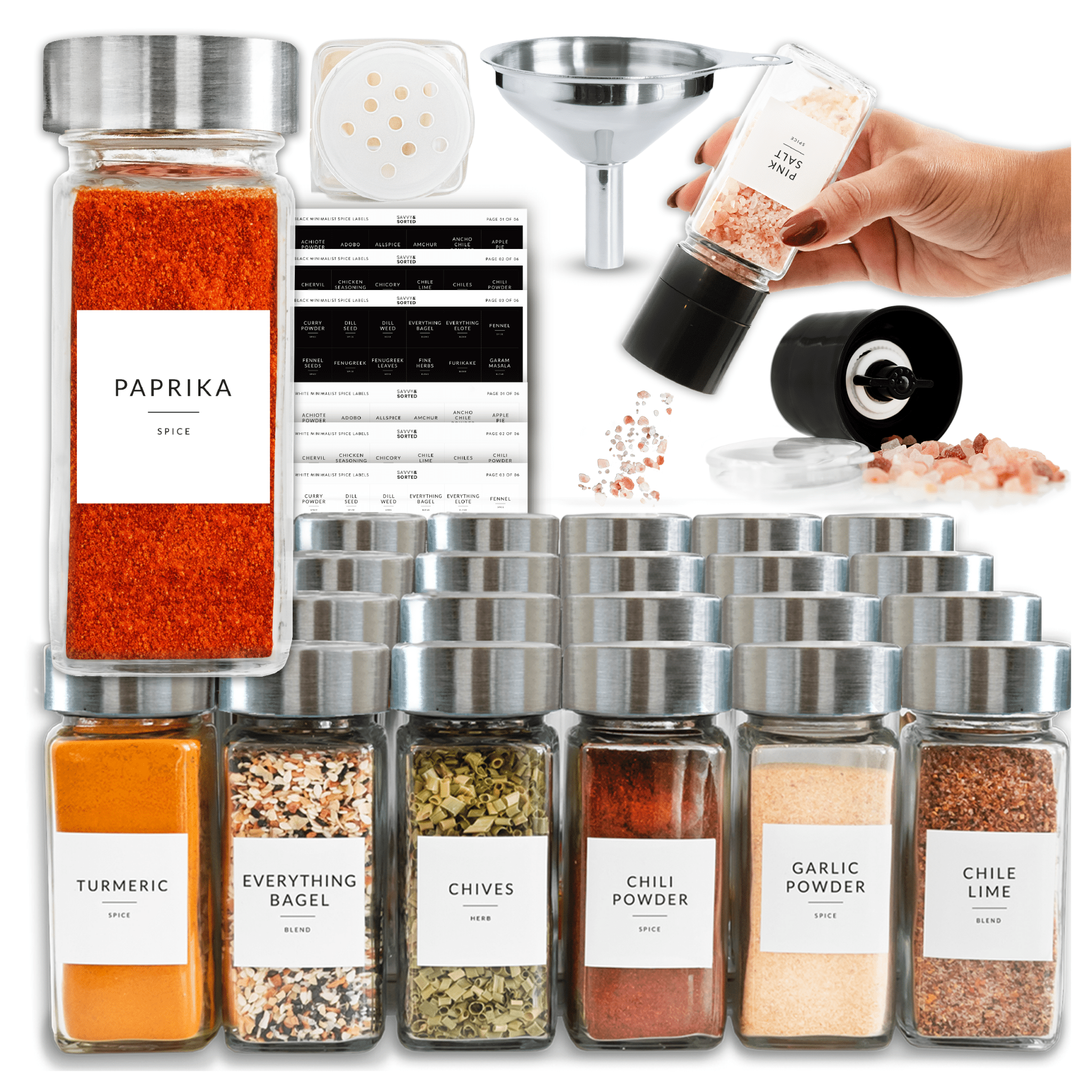 Glass Spice Jars with Silver Lids - 24 PACK - Savvy & Sorted