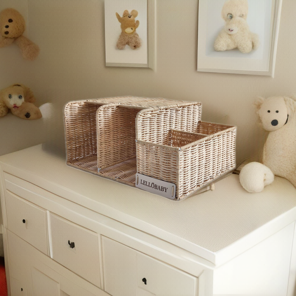 Wicker storage baskets on a dresser with teddy bears in the background