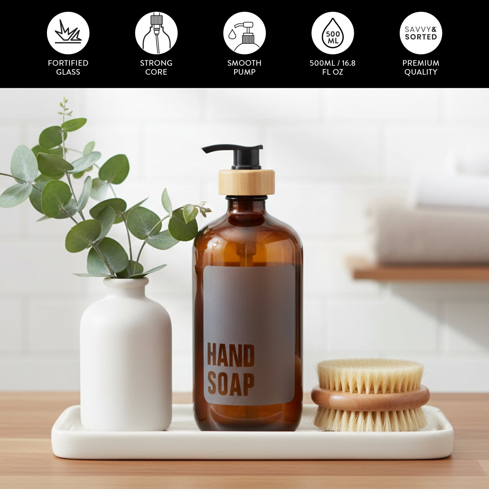 Hand Soap Glass Amber Bottle 500ml - Savvy & Sorted