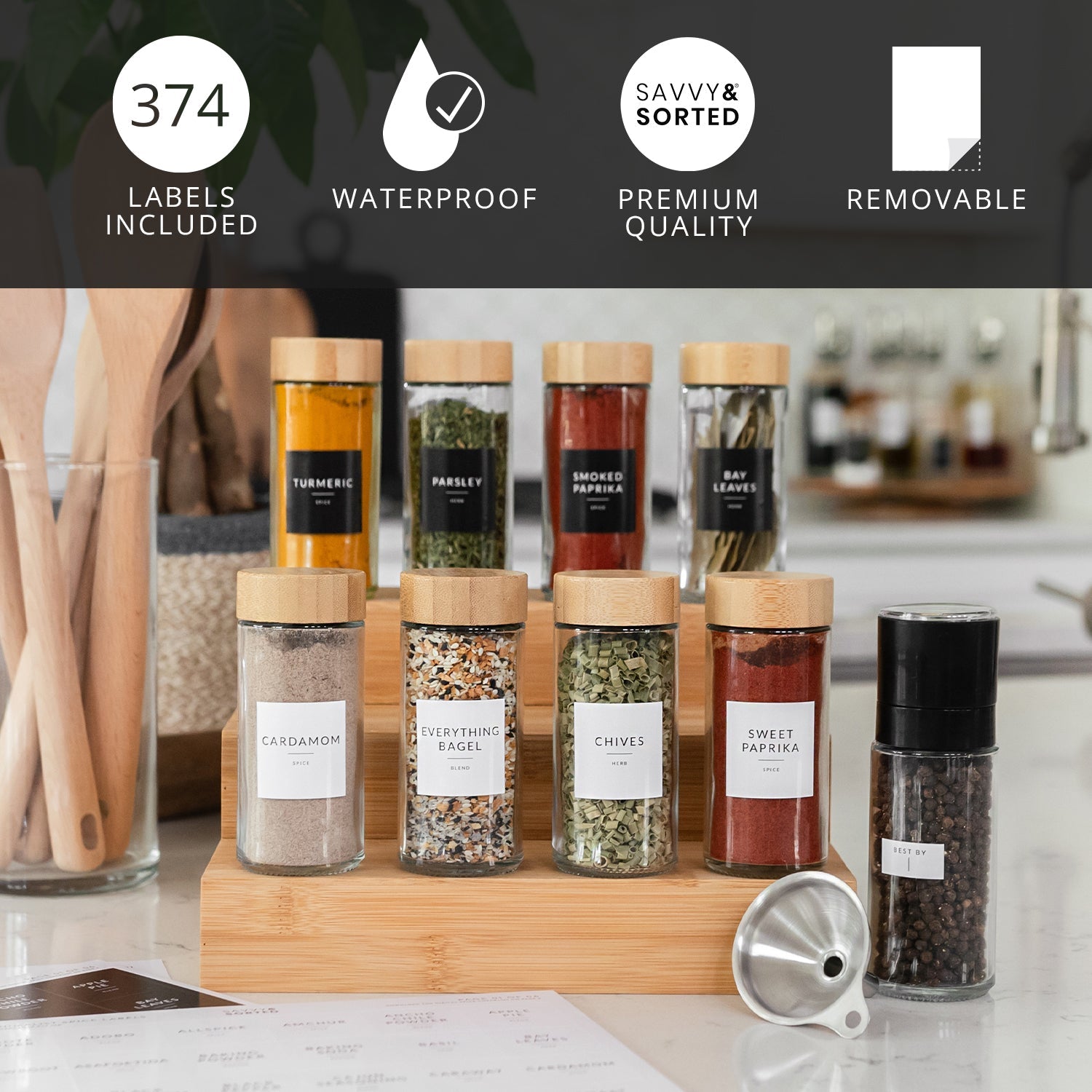 Round Glass Spice Jars with Bamboo Lids - 24 PACK - Savvy & Sorted