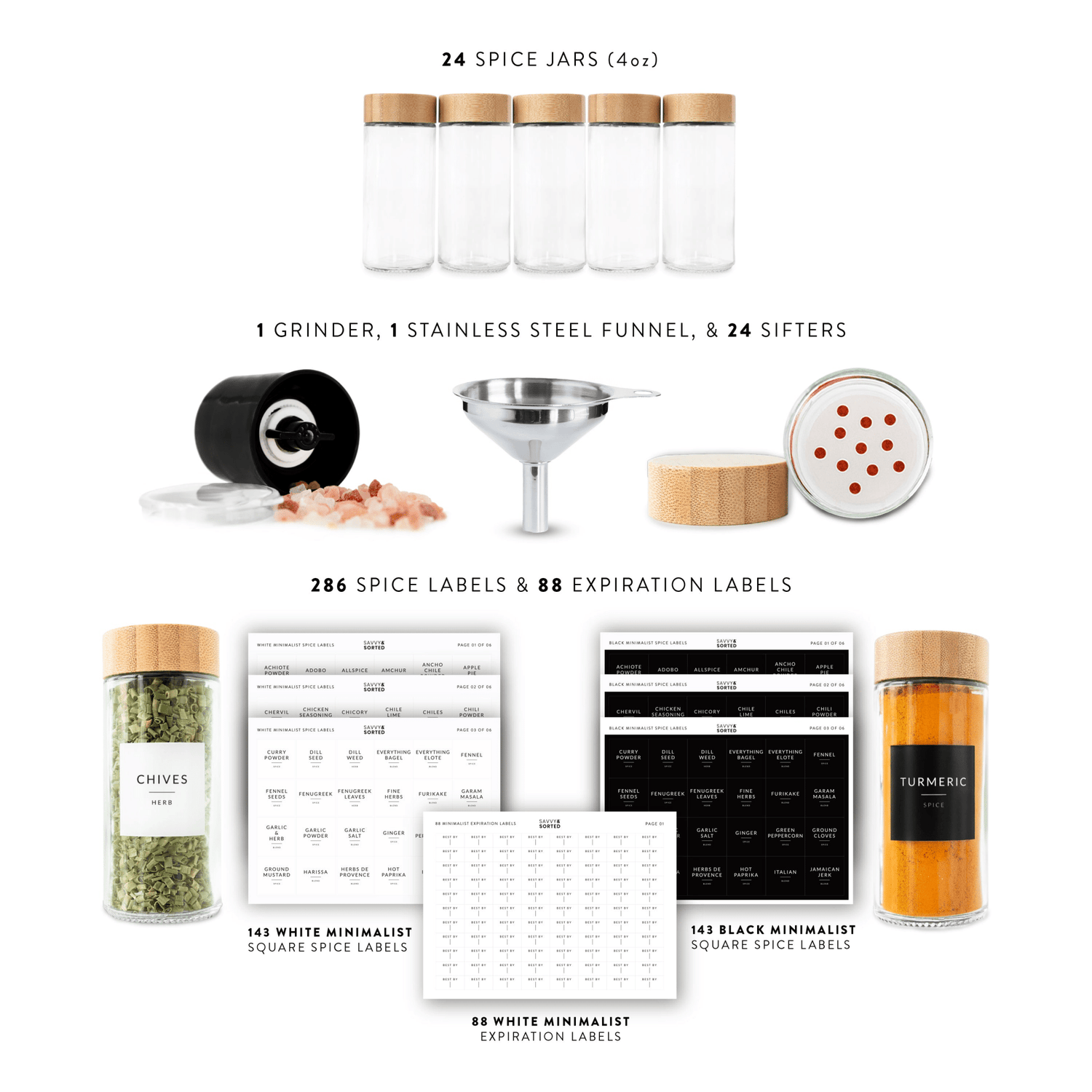Round Glass Spice Jars with Bamboo Lids - 24 PACK - Savvy & Sorted