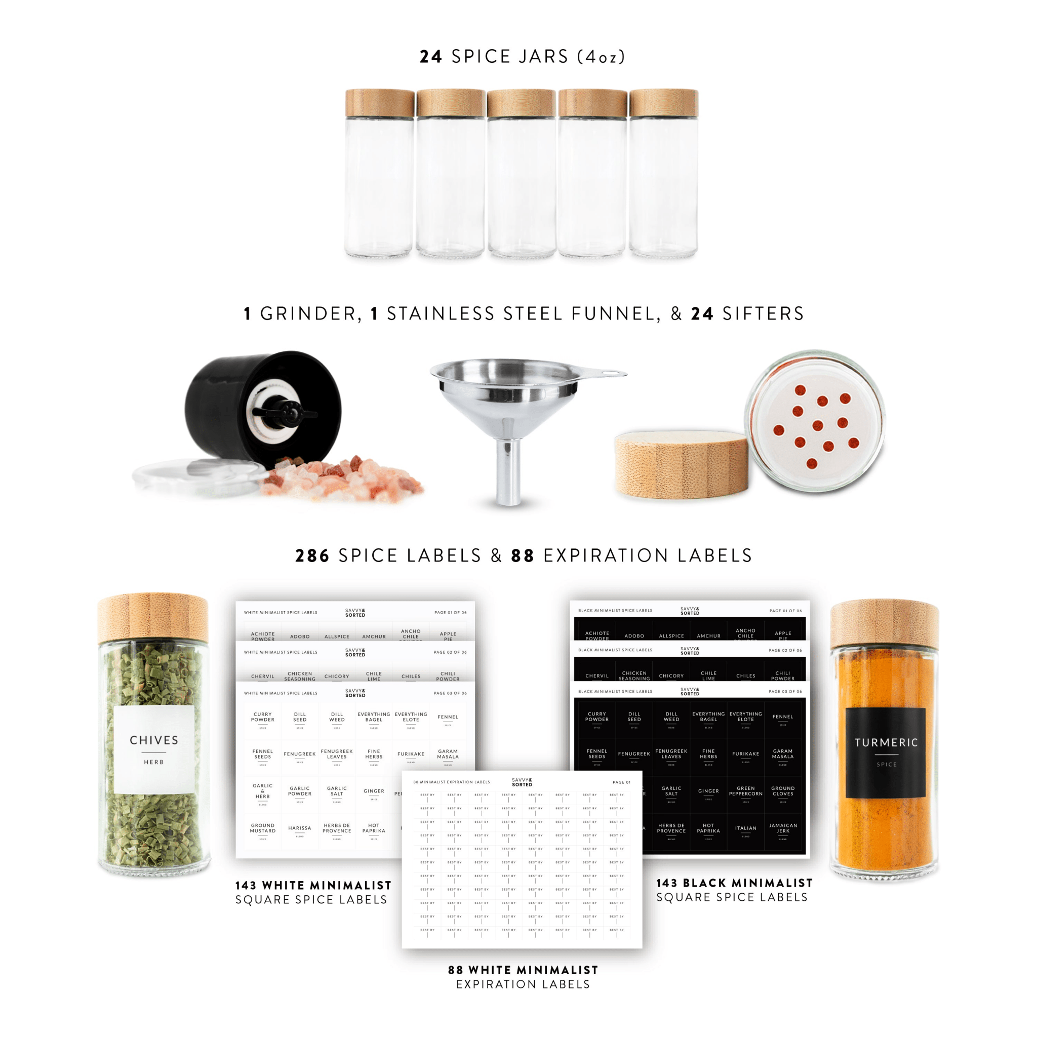 Round Glass Spice Jars with Bamboo Lids - 24 PACK - Savvy & Sorted