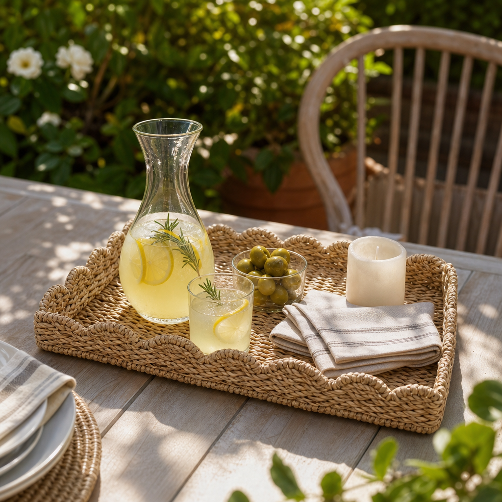 Savvy & Sorted Wicker Seagrass Scalloped Tray styled on an outdoor entertaining table with drinks and napkins