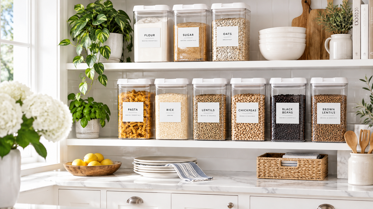 Bright Hamptons-style pantry with glass jars and white waterproof minimalist pantry labels