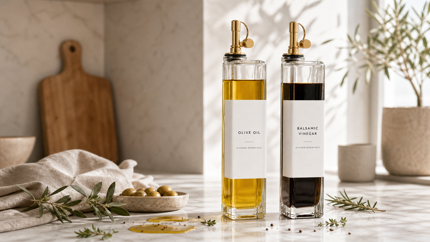 Oil and vinegar glass bottles with gold pourers and minimalist labels on a marble kitchen counter — Savvy & Sorted