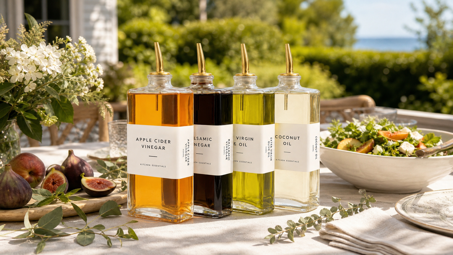 Oil and vinegar glass bottles with gold pourers on a Hamptons outdoor summer table — Savvy & Sorted