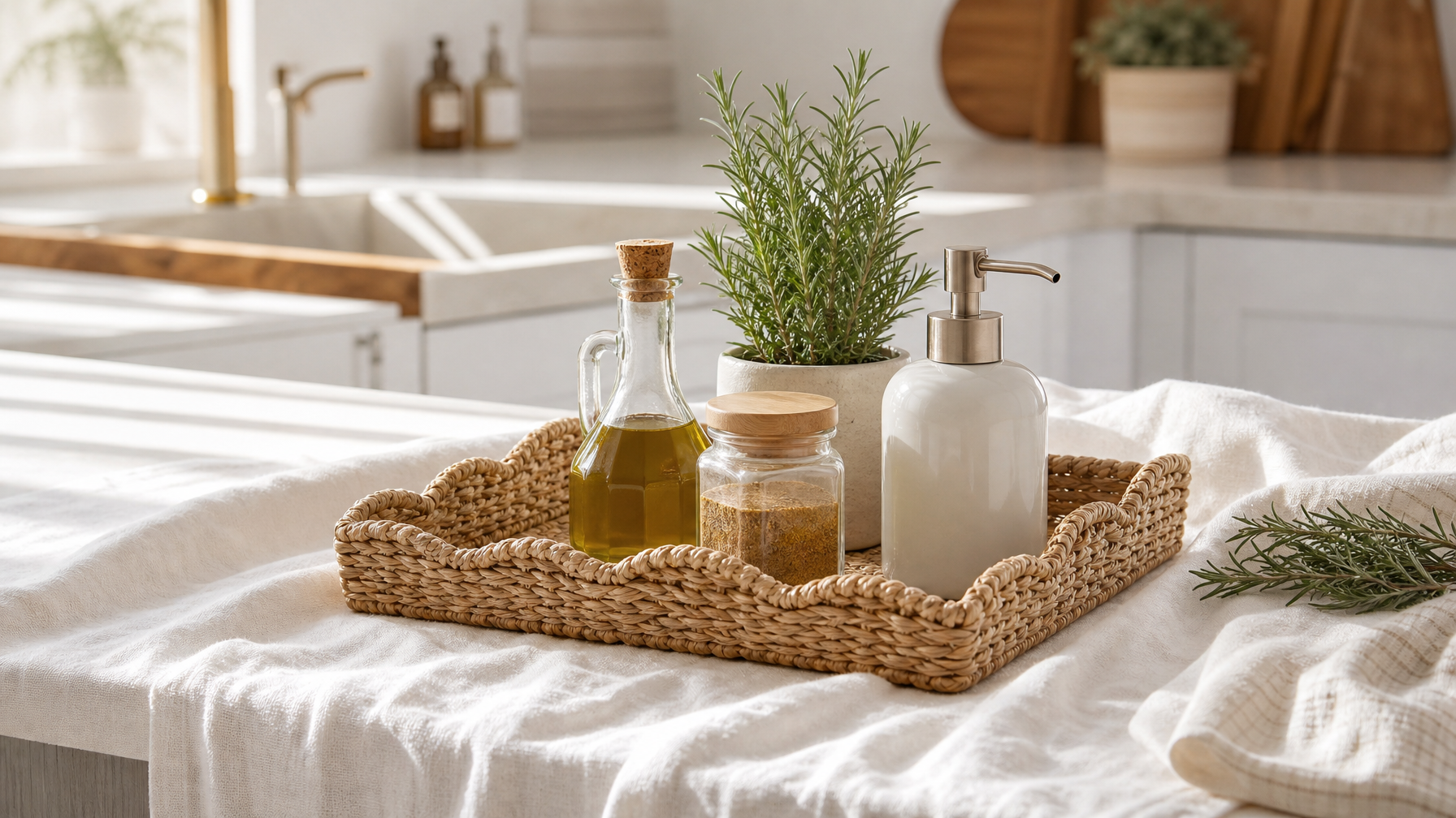 Wicker seagrass basket tray styled on a kitchen counter — Savvy & Sorted