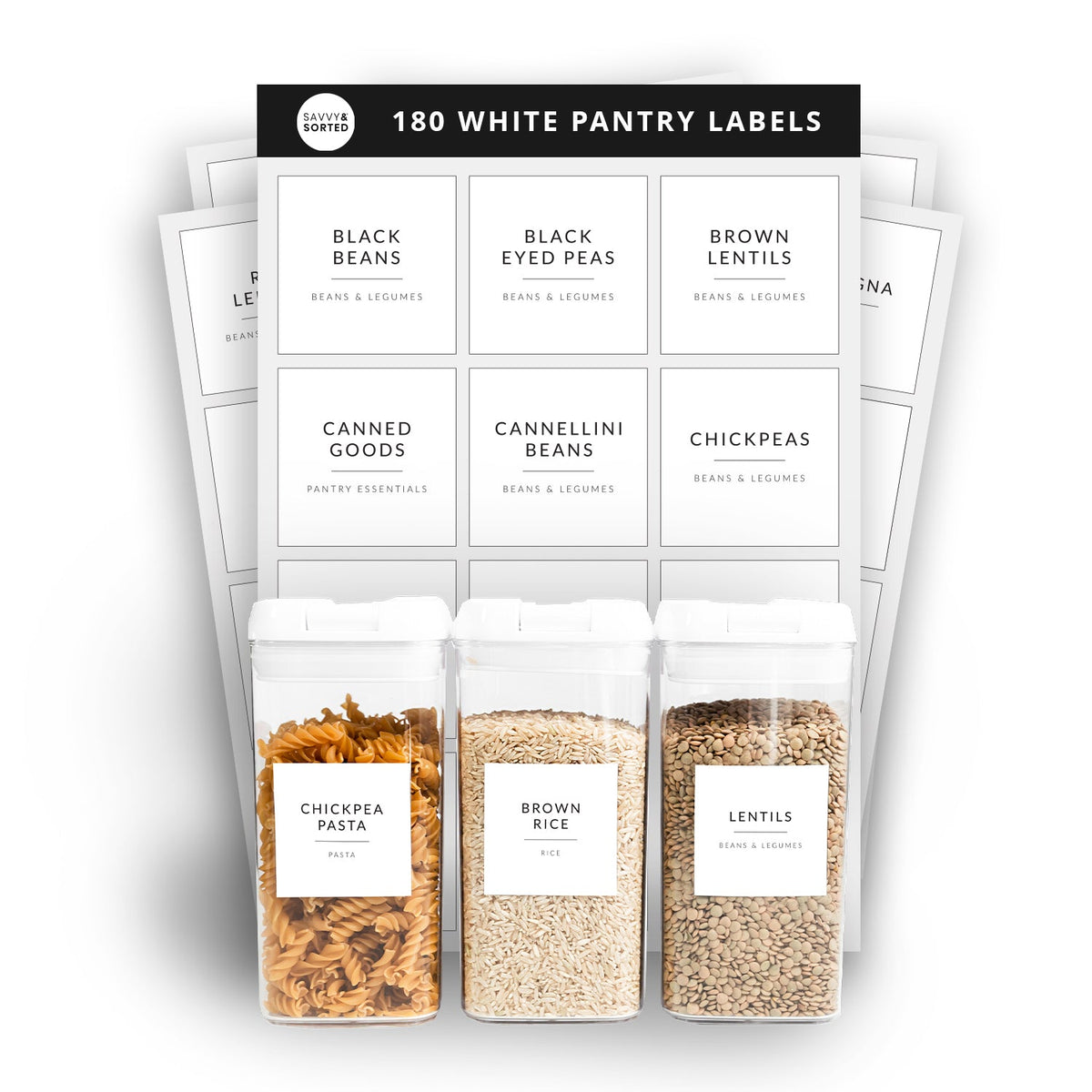 Mother's Day organization gift guide featuring white minimalist pantry labels on glass jars