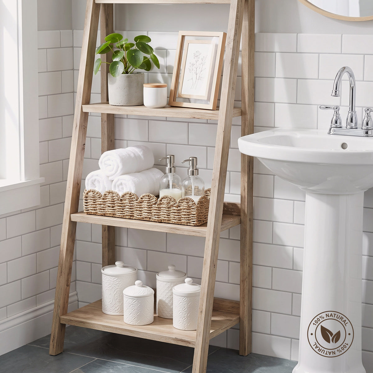 bathroom organization with seagrass wicker tray 