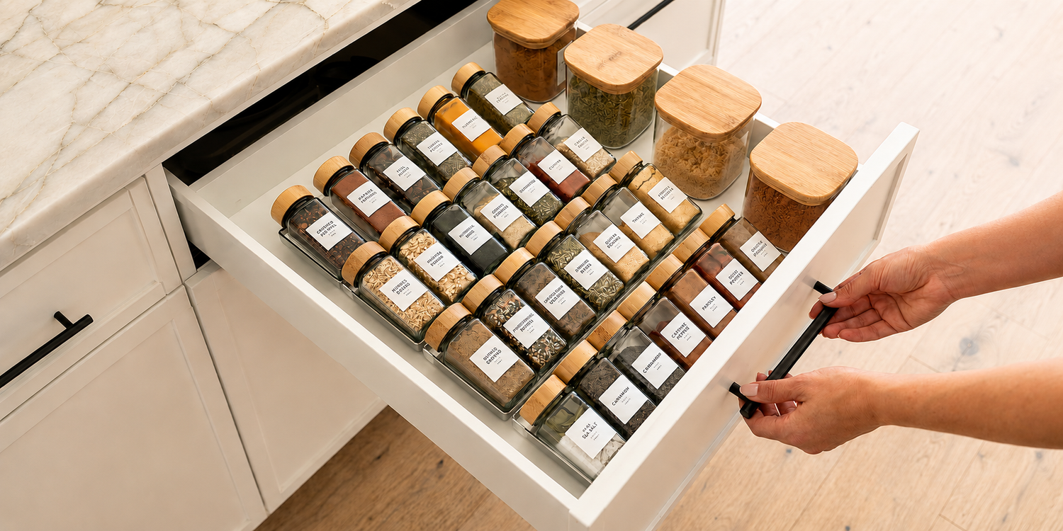 Bamboo spice jars with labels in acrylic drawer organiser — Savvy & Sorted