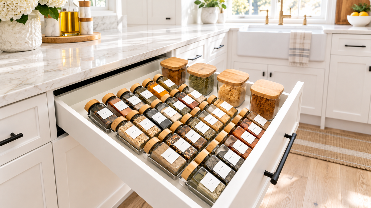 Bright Hamptons-style kitchen with open spice drawer of glass spice jars on acrylic tiered racks