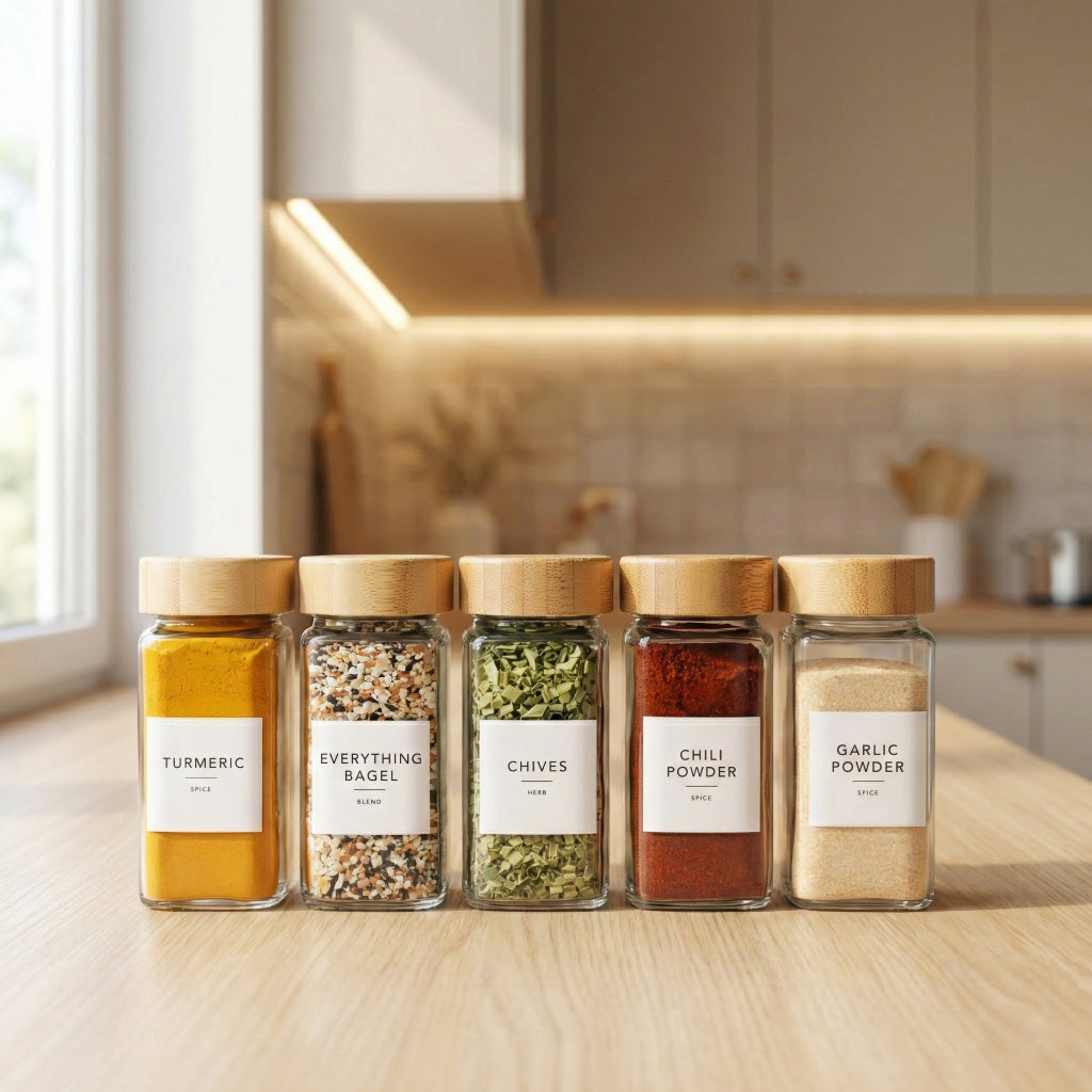 Organised glass spice jars with labels on a wood kitchen counter. Savvy & Sorted summer spice drawer reset for grilling season
