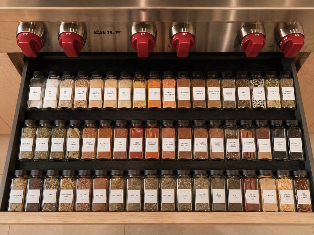 Pull-out spice drawer with labeled glass jars in tiered rows