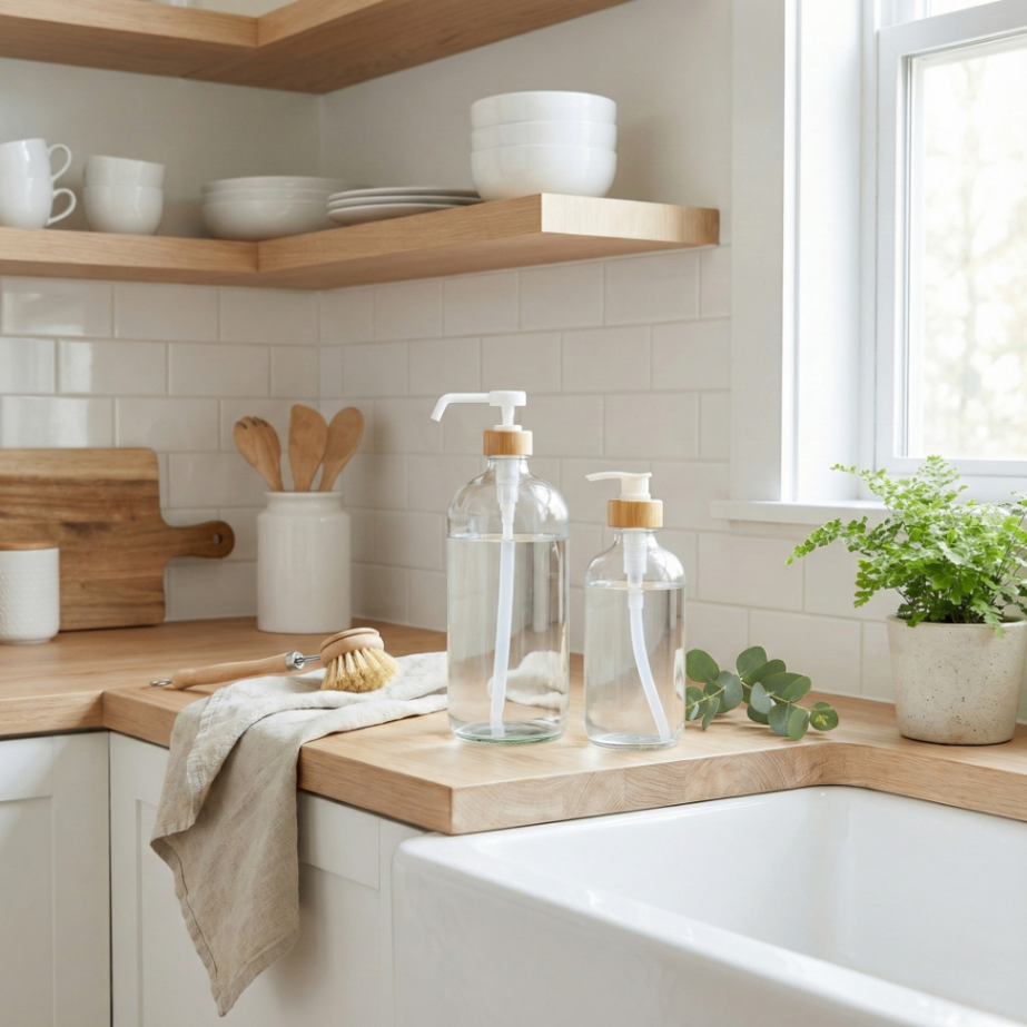 Clear glass soap dispenser bottles with bamboo collars and minimalist labels on a clean kitchen counter