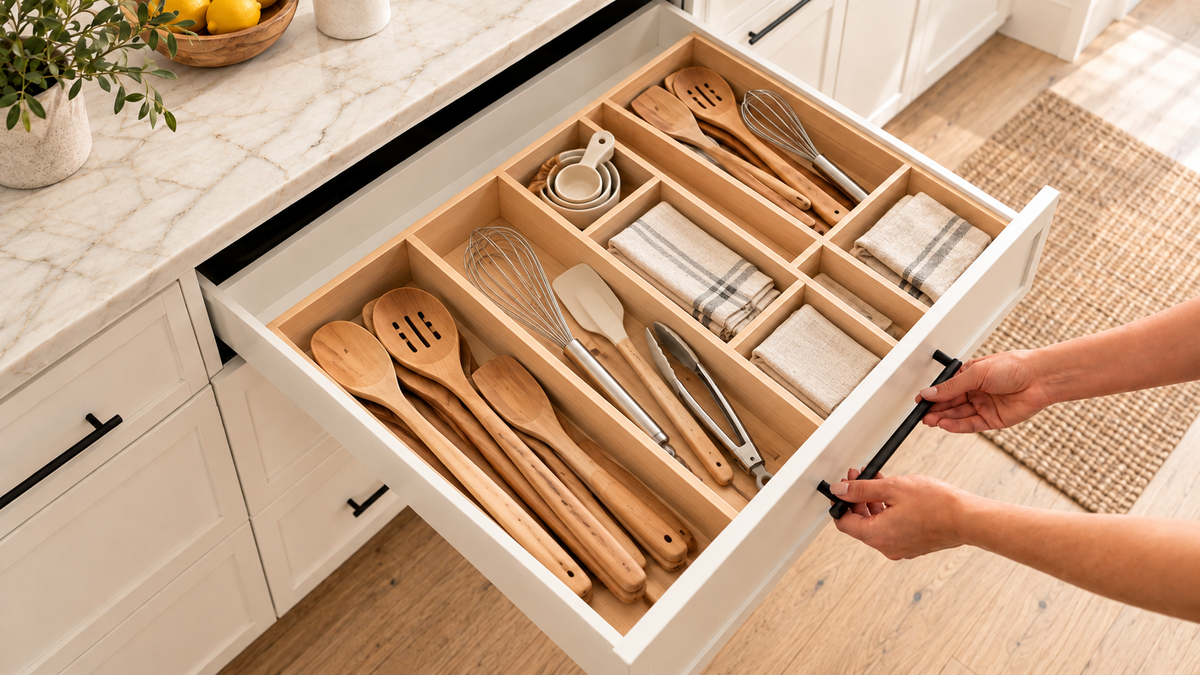 Open white kitchen drawer with bamboo dividers holding wooden spoons, a whisk, tongs, measuring cups and folded linen napkins, with a hand gripping the black handle