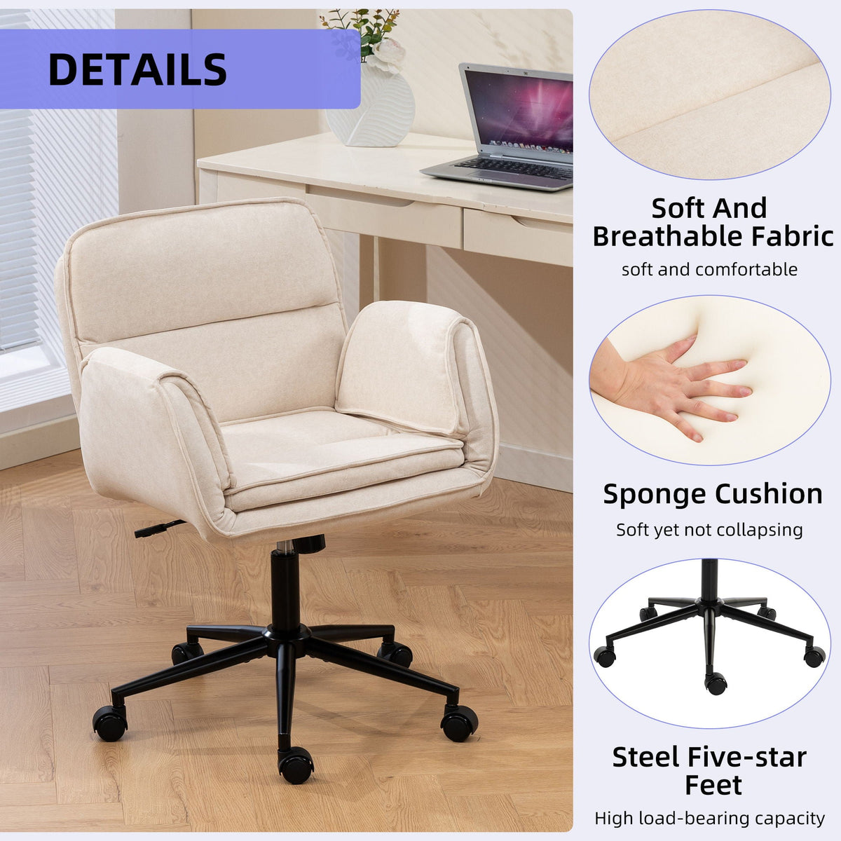 Criss Cross Swivel Desk Chair With Adjustable Armrests &amp; Wheels For Home Office