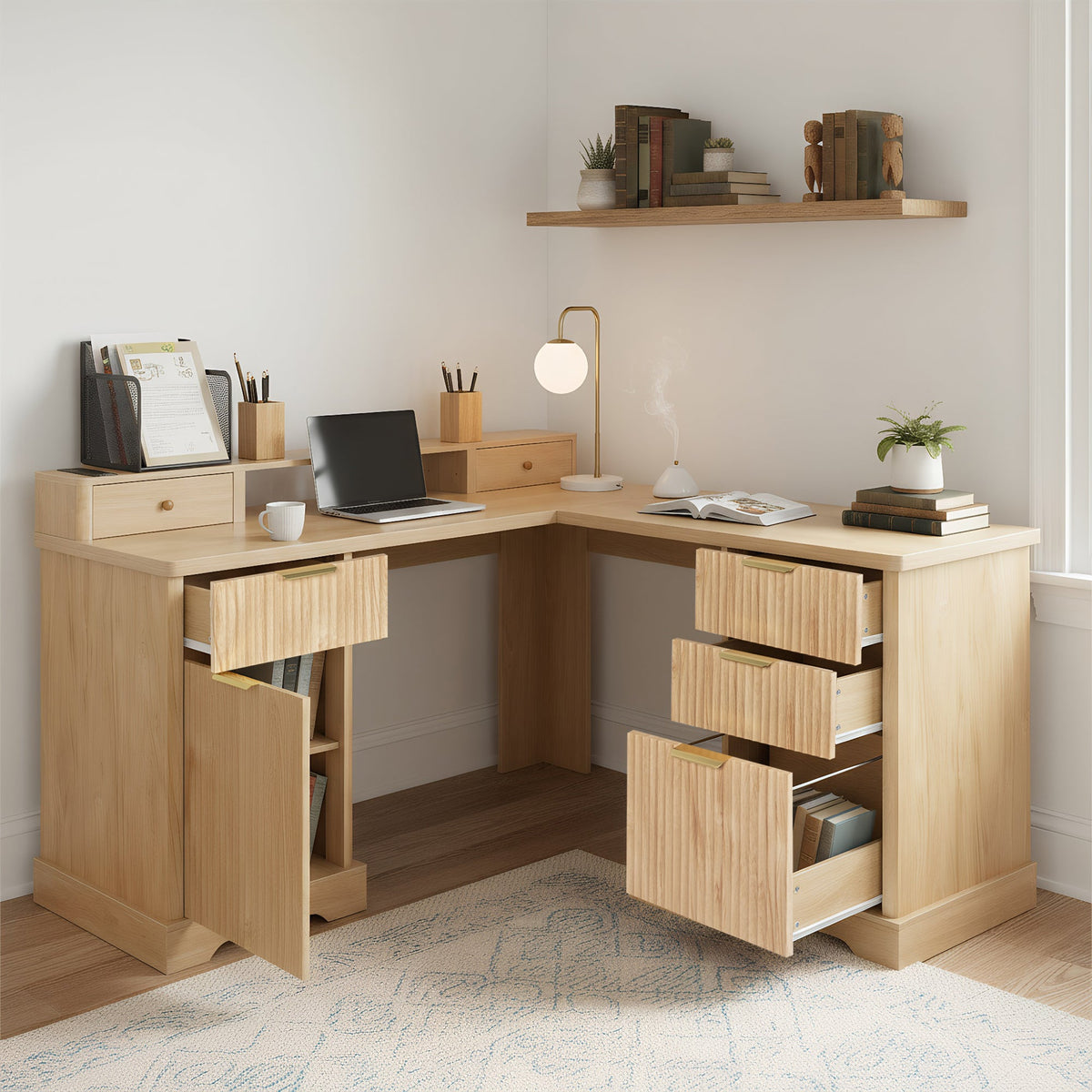 59" Modern Fluted L-Shaped Desk with Charging Station &amp; Storage