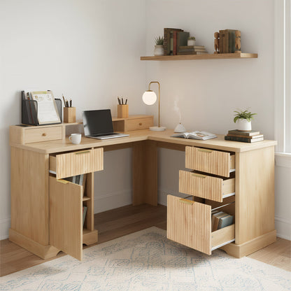 59" Modern Fluted L-Shaped Desk with Charging Station &amp; Storage