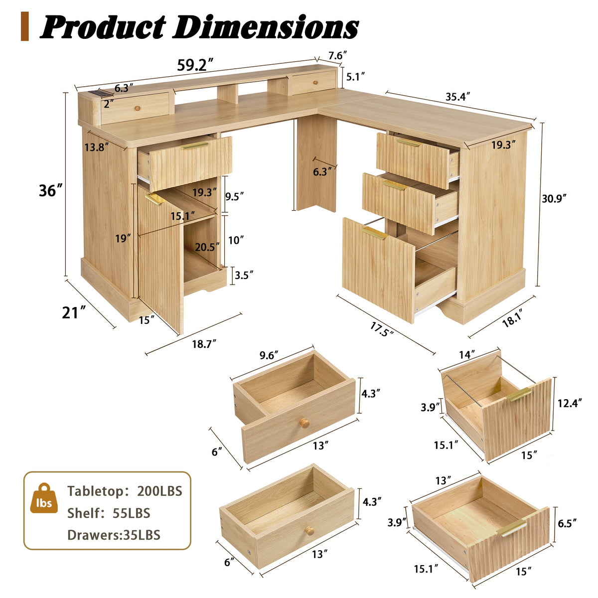 59" Modern Fluted L-Shaped Desk with Charging Station &amp; Storage