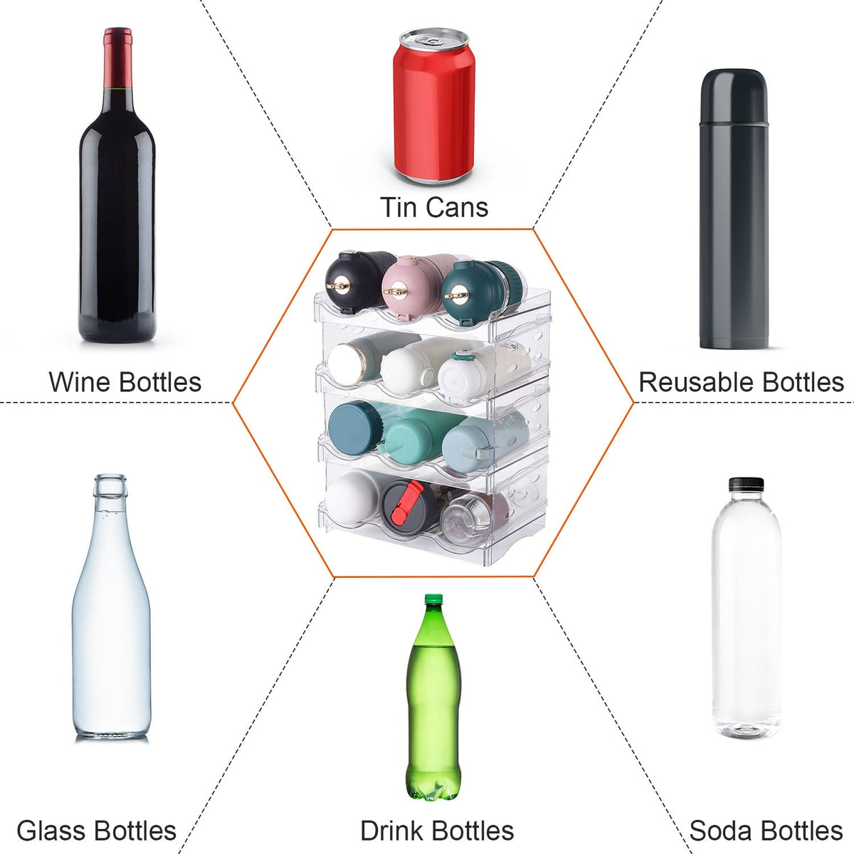 4 Tier Bottle Storage Holder 12 Bottles Transparent Stackable Bottle Organizer Standing Drink Holder Shelf for Kitchen Fridge Cabinet Pantry