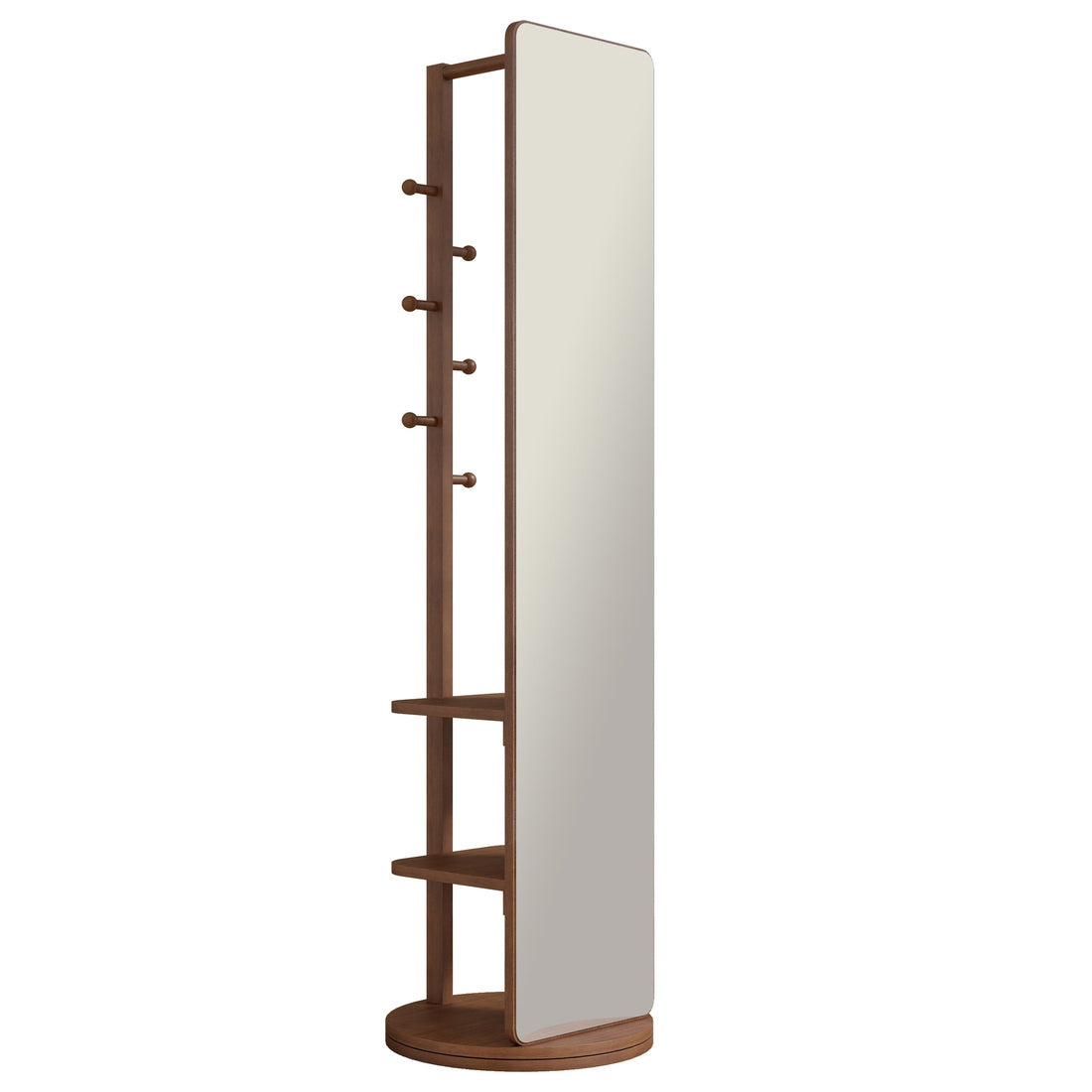 A tall, narrow floor mirror with a dark brown wooden frame, five hanging hooks on the left side, two open shelves, and a round base, shown against a plain white background.