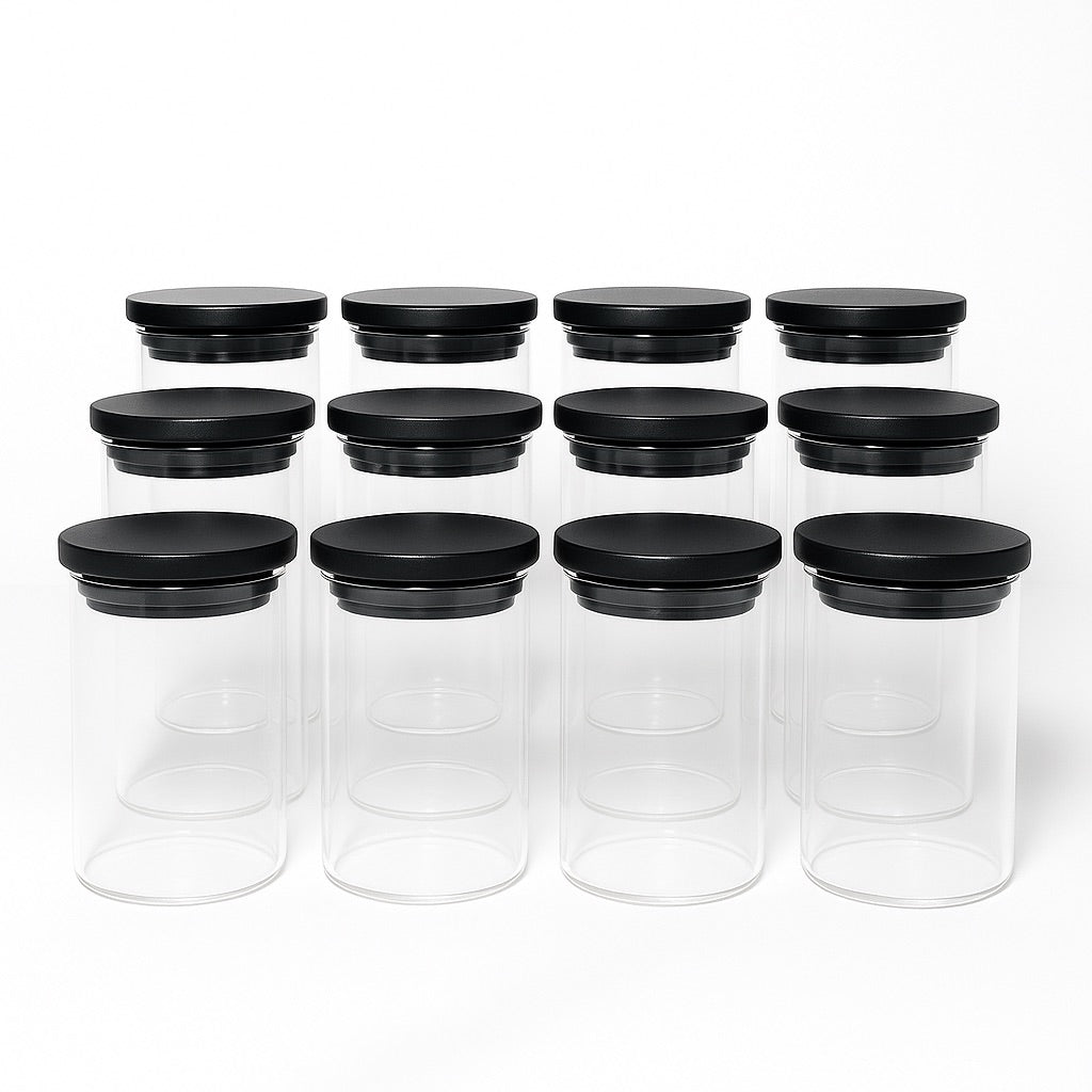 Glass Spice Jars with Black Bamboo Lids - 12 PACK