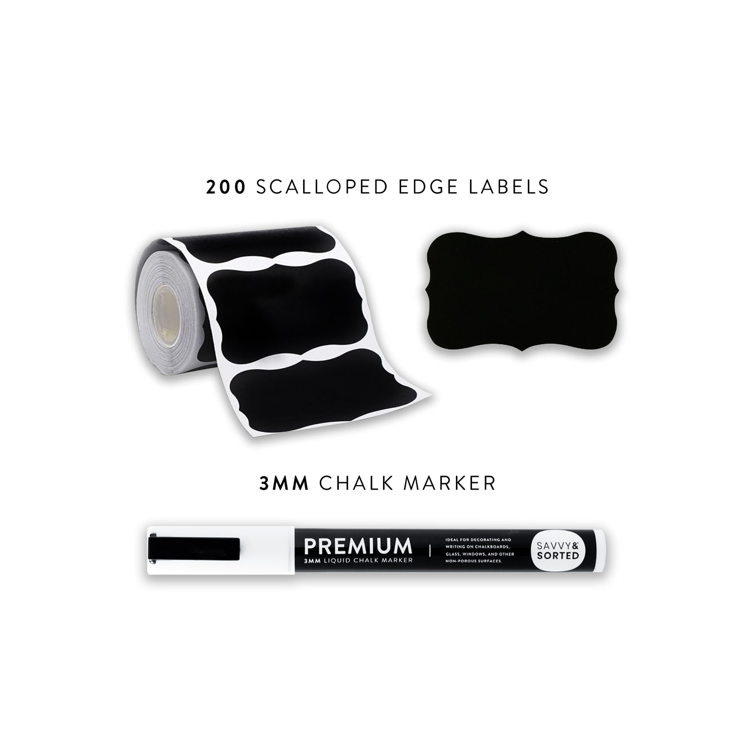 200 Scalloped Chalkboard Labels Roll with Chalk Marker