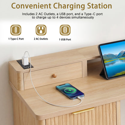 59" Modern Fluted L-Shaped Desk with Charging Station &amp; Storage